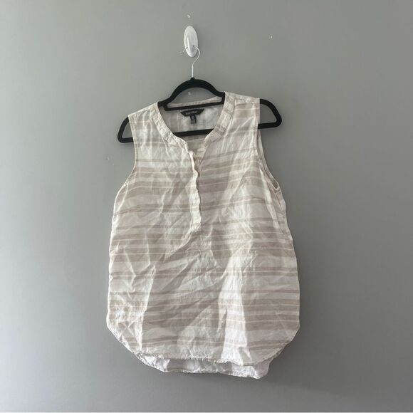Sleeveless Linen Popover Blouse Tan Cream Stripes Neutral Ellen Tracy Size Large - Picture 7 of 7